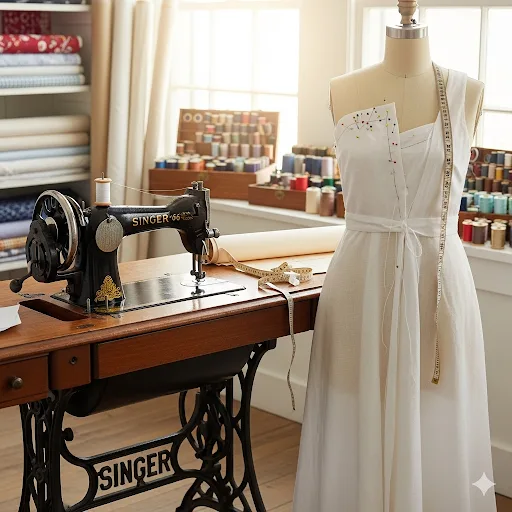 Historia de la costura y el diseño de moda en Murcia, máquina de coser y maniquí en taller de Studio19.